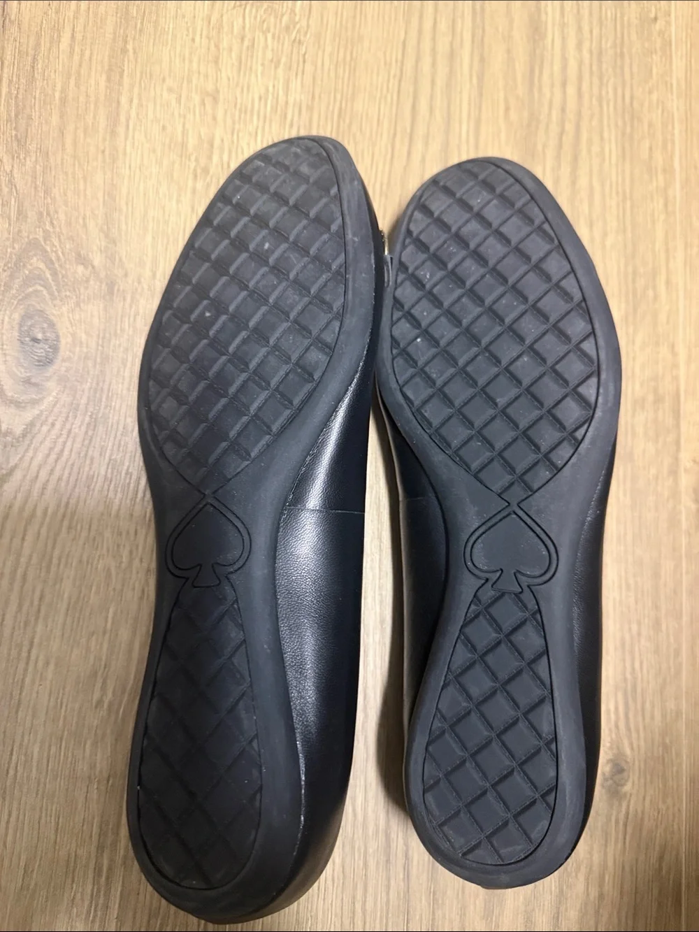 kate spade Black Leather Flats with Gold Chain Plaque